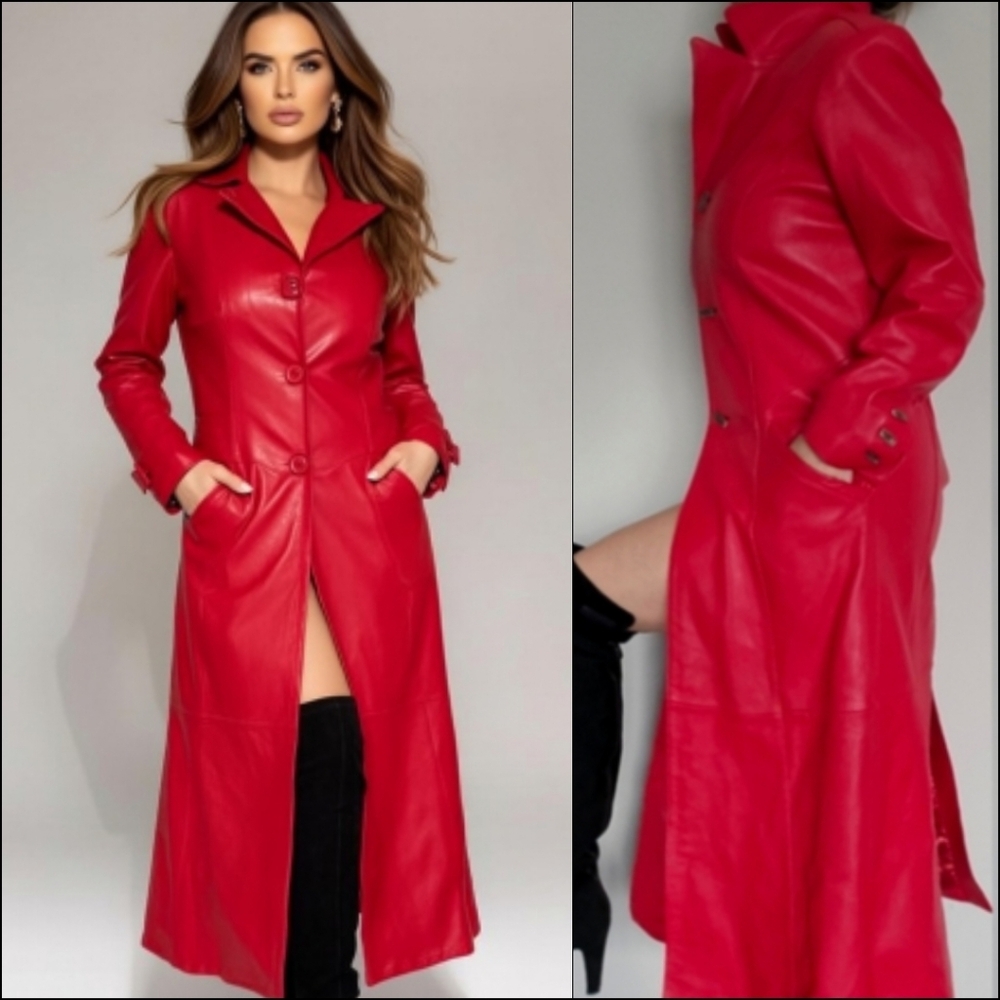 Vtg 90's Lipstick Red Genuine Leather Femme Fatale Long Trench Coat ML Excellent